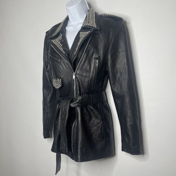 Vintage 80s/90s LA ROXX Black Studded Leather Belted Motorcycle Jacket - Picture 7 of 11